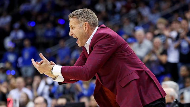 Mar 29, 2025; Newark, NJ, USA; Alabama Crimson Tide head coach Nate Oats calls to his team during the first half against the Duke Blue Devils in the East Regional final of the 2025 NCAA tournament at Prudential Center. Mandatory Credit: Vincent Carchietta-Imagn Images Mar 29, 2025; Newark, NJ, USA; Alabama Crimson Tide head coach Nate Oats calls to his team during the first half against the Duke Blue Devils in the East Regional final of the 2025 NCAA tournament at Prudential Center. Mandatory Credit: Vincent Carchietta-Imagn Images