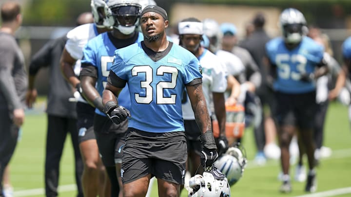 Jun 11, 2025; Charlotte, NC, USA; Carolina Panthers linebacker Trevin Wallace (32) during minicamp at Bank of America Stadium. 