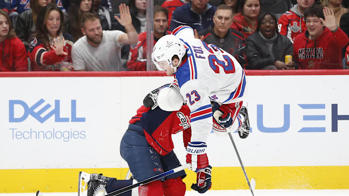 Dec 9, 2023; Washington, District of Columbia, USA; New York Rangers defenseman Adam Fox (23) trips