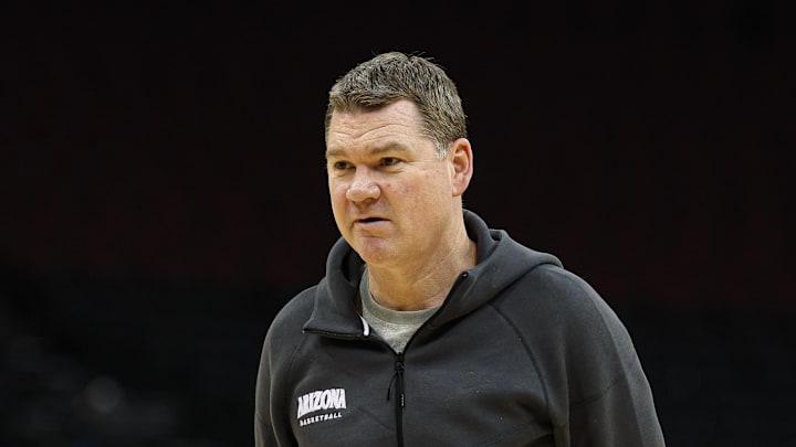 Mar 26, 2025; Newark, NJ, USA; Arizona Wildcats head coach Tommy Lloyd looks on during a practice session in preparation for an East Regional semifinal game against the Duke Blue Devils at Prudential Center. Mandatory Credit: Vincent Carchietta-Imagn Images
