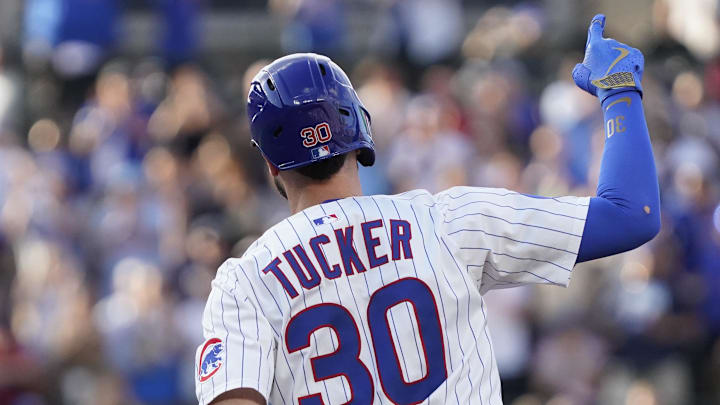 Jul 19, 2025; Chicago, Illinois, USA; Chicago Cubs outfielder Kyle Tucker (30) gestures after hitting a home run against the Boston Red Sox during the first inning at Wrigley Field. Mandatory Credit: David Banks-Imagn Images