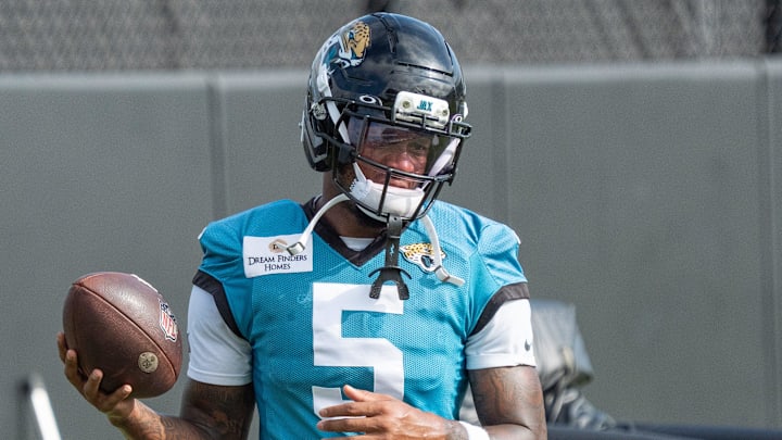 Jacksonville Jaguars wide receiver Dyami Brown (5) tosses the ball around between drills during the Jaguar’s 12th NFL training camp session at the Miller Electric Center, Thursday, Aug. 7, 2025, in Jacksonville, Fla. [Doug Engle/Florida Times-Union]