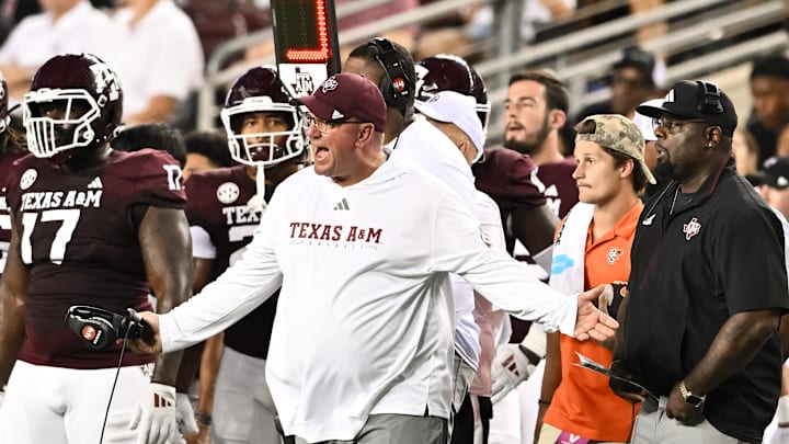 Sep 21, 2024; College Station, Texas, USA; Texas A&M Aggies head coach Mike Elko reacts during the second quarter against the Bowling Green Falcons at Kyle Field. Mandatory Credit: Maria Lysaker-Imagn Images 