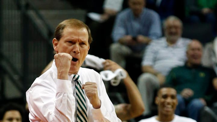 Oregon head coach Dana Altman gestures during the first half of their Pac-12 Conference game against UCLA at Matthew Knight Arena on January 10, 2019