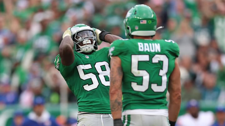 Oct 26, 2025; Philadelphia, Pennsylvania, USA; Philadelphia Eagles linebacker Jalyx Hunt (58) reacts with linebacker Zack Baun (53) after a sack against the New York Giants during the third quarter at Lincoln Financial Field. Mandatory Credit: Bill Streicher-Imagn Images