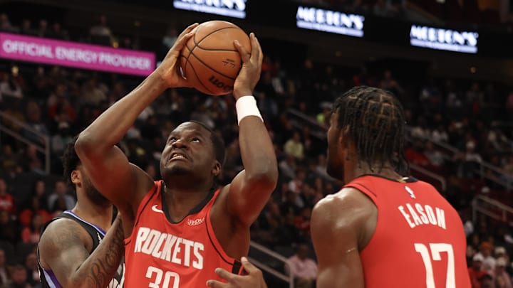 Feb 23, 2026; Houston, Texas, USA; Houston Rockets center Clint Capela (30) grabs a rebound against Utah Jazz forward Brice Sensabaugh (28) in the third quarter at Toyota Center. Mandatory Credit: Thomas Shea-Imagn Images Feb 23, 2026; Houston, Texas, USA; Houston Rockets center Clint Capela (30) grabs a rebound against Utah Jazz forward Brice Sensabaugh (28) in the third quarter at Toyota Center. Mandatory Credit: Thomas Shea-Imagn Images