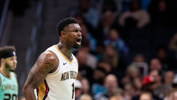 Jan 25, 2025; Charlotte, North Carolina, USA; New Orleans Pelicans forward Zion Williamson (1) reacts after scoring against the Charlotte Hornets during the second quarter at Spectrum Center. Mandatory Credit: Scott Kinser-Imagn Images