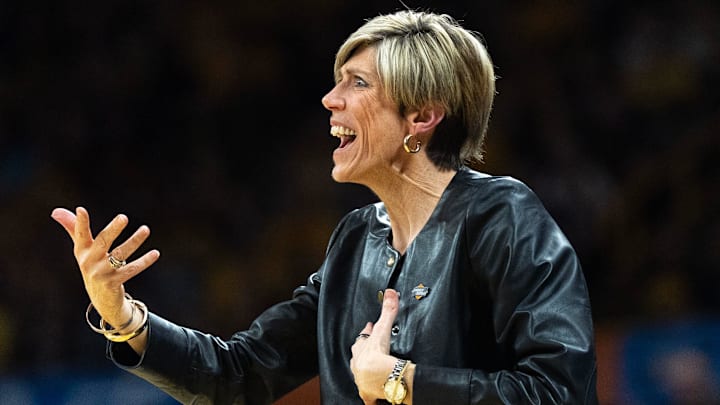 Iowa head coach Jan Jensen reacts March 21, 2026 during a First Round NCAA March Madness game against the Fairleigh Dickinson Knights at Carver-Hawkeye Arena in Iowa City, Iowa. Iowa head coach Jan Jensen reacts March 21, 2026 during a First Round NCAA March Madness game against the Fairleigh Dickinson Knights at Carver-Hawkeye Arena in Iowa City, Iowa.