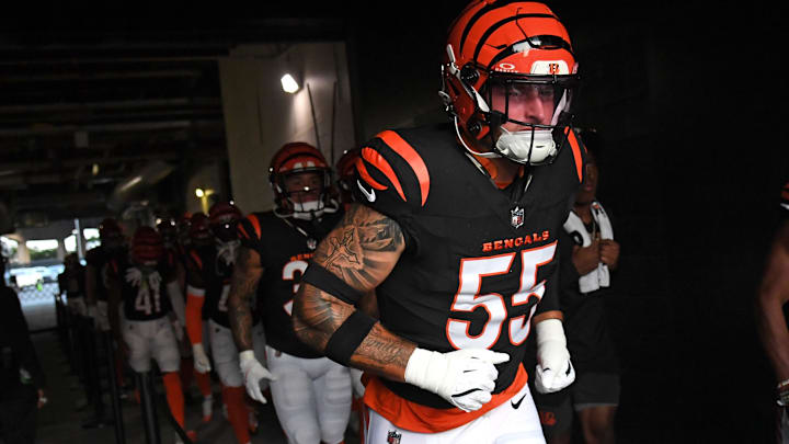 Aug 7, 2025; Philadelphia, Pennsylvania, USA; Cincinnati Bengals linebacker Logan Wilson (55) in the tunnel against the Philadelphia Eagles at Lincoln Financial Field. Mandatory Credit: Eric Hartline-Imagn Images