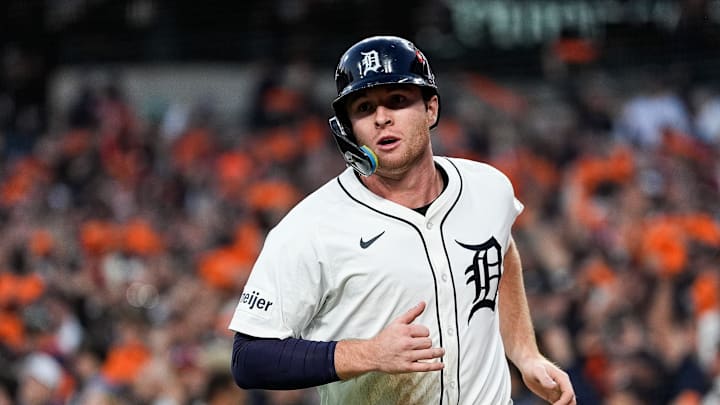 Detroit Tigers second base Colt Keith (33) scores a run against Cleveland Guardians during the second inning at Game 4 of ALDS at Comerica Park in Detroit on Thursday, Oct. 10, 2024.