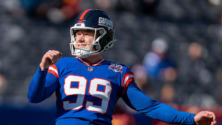 New York Giants place kicker Jude McAtamney (99) kicks a field goal during warm ups prior to the start of the game between the New York Giants and the Washington Commanders at MetLife Stadium in East Rutherford on Sunday, Nov. 3, 2024. New York Giants place kicker Jude McAtamney (99) kicks a field goal during warm ups prior to the start of the game between the New York Giants and the Washington Commanders at MetLife Stadium in East Rutherford on Sunday, Nov. 3, 2024.