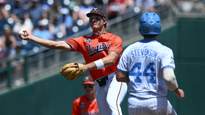 Omaha, NE, USA; Virginia Cavaliers second baseman Henry Godbout (2) throws late on a double play attempt against North Carolina Tar Heels catcher Luke Stevenson (44) during the fourth inning at Charles Schwab Filed Omaha.