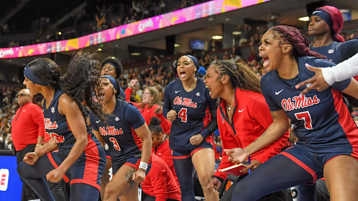 Ole Miss Rebels guard Denim Deshields (22) celebrates with teammates after making a shot as the clock expires Saturday, March 7, 2026, during the SEC Women's Basketball Tournament semifinals game against the Texas Longhorns at Bon Secours Wellness Arena in Greenville, South Carolina. Texas Longhorns won 85-68. Ole Miss Rebels guard Denim Deshields (22) celebrates with teammates after making a shot as the clock expires Saturday, March 7, 2026, during the SEC Women's Basketball Tournament semifinals game against the Texas Longhorns at Bon Secours Wellness Arena in Greenville, South Carolina. Texas Longhorns won 85-68.