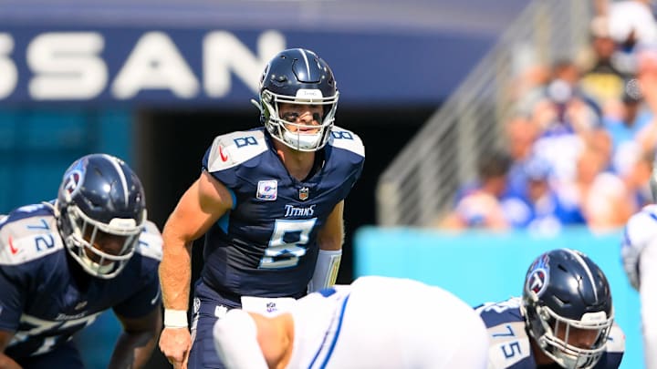 Oct 13, 2024; Nashville, Tennessee, USA;  Tennessee Titans Will Levis (8) awaits the bal against the Indianapolis Colts during the first half at Nissan Stadium. Mandatory Credit: Steve Roberts-Imagn Images