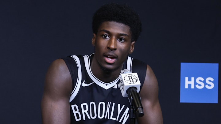 Sep 23, 2025; Brooklyn, NY, USA; Brooklyn Nets guard Drake Powell (4) speaks at Media Day. Mandatory Credit: Wendell Cruz-Imagn Images Sep 23, 2025; Brooklyn, NY, USA; Brooklyn Nets guard Drake Powell (4) speaks at Media Day. Mandatory Credit: Wendell Cruz-Imagn Images