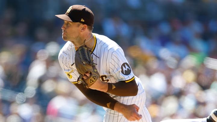 Jul 30, 2025; San Diego, California, USA; San Diego Padres relief pitcher Jason Adam (40) throws a pitch during the eighth inning against the New York Mets at Petco Park. Mandatory Credit: David Frerker-Imagn Images