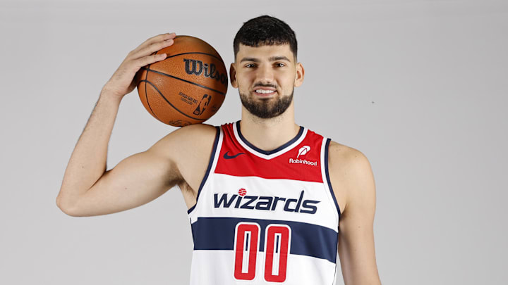 Sep 30, 2024; Washington, DC, USA; Washington Wizards forward Tristan Vukcevic (00) poses for a portrait during Washington Wizards media day 2024 at Capital One Arena. Mandatory Credit: Geoff Burke-Imagn Images Sep 30, 2024; Washington, DC, USA; Washington Wizards forward Tristan Vukcevic (00) poses for a portrait during Washington Wizards media day 2024 at Capital One Arena. Mandatory Credit: Geoff Burke-Imagn Images