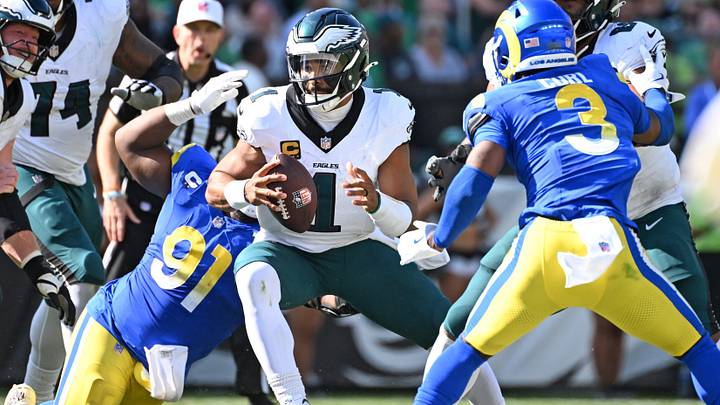 Sep 21, 2025; Philadelphia, Pennsylvania, USA; Philadelphia Eagles quarterback Jalen Hurts (1) against the Los Angeles Rams at Lincoln Financial Field. Mandatory Credit: Eric Hartline-Imagn Images Sep 21, 2025; Philadelphia, Pennsylvania, USA; Philadelphia Eagles quarterback Jalen Hurts (1) against the Los Angeles Rams at Lincoln Financial Field. Mandatory Credit: Eric Hartline-Imagn Images