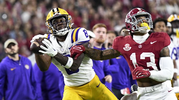 Nov 4, 2023; Tuscaloosa, Alabama, USA;  LSU Tigers wide receiver Malik Nabers (8) catches a pass as