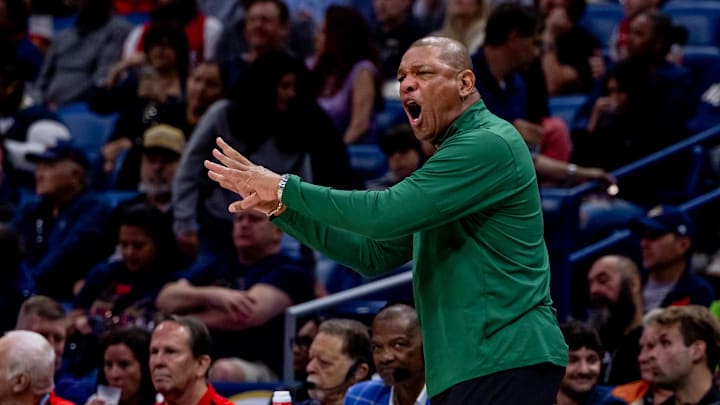 Apr 6, 2025; New Orleans, Louisiana, USA; Milwaukee Bucks head coach Doc Rivers reacts to a play against the New Orleans Pelicans during the second half at Smoothie King Center. Mandatory Credit: Stephen Lew-Imagn Images