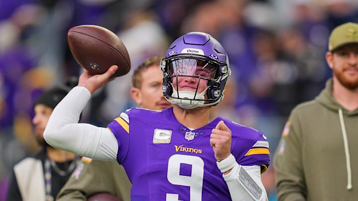 Nov 9, 2025; Minneapolis, Minnesota, USA; Minnesota Vikings quarterback J.J. McCarthy (9) warms up before the game against the Baltimore Ravens at U.S. Bank Stadium. Mandatory Credit: Brad Rempel-Imagn Images