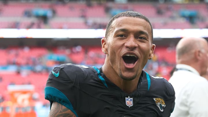 Oct 1, 2023; London, United Kingdom;  Jacksonville Jaguars tight end Evan Engram (17) leaves the field after  the second half of an NFL International Series game at Wembley Stadium. Mandatory Credit: Peter van den Berg-Imagn Images