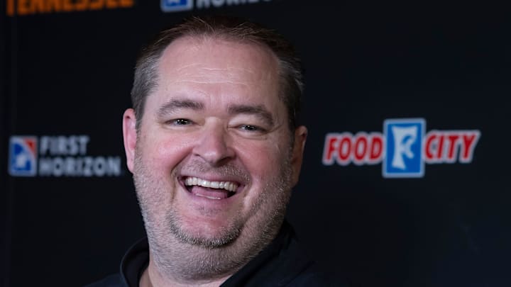 University of Tennessee Volunteers head football coach Josh Heupel speaks with members of the media during the Nashville stop for University of Tennessee's 2025 Big Orange Caravan event Wednesday, April 30, 2025 at GEODIS Park.