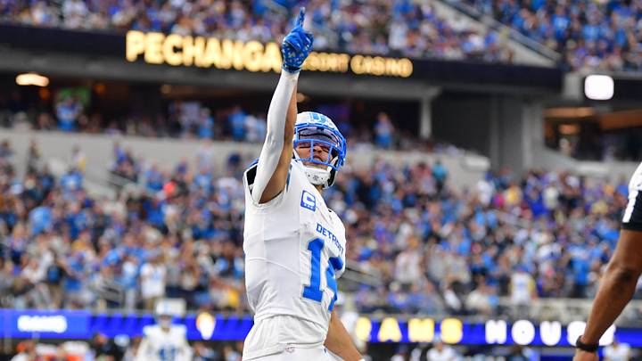 Detroit Lions wide receiver Amon-Ra St. Brown (14) celebrates Detroit Lions wide receiver Amon-Ra St. Brown (14) celebrates