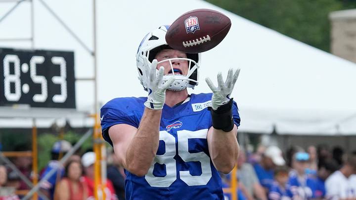 Bills tight end Jackson Hawes pulls in a pass in the end zone during the final day of Buffalo Bills training camp at St. John Fisher University Friday, August 7, 2026 in Pittsford. Bills tight end Jackson Hawes pulls in a pass in the end zone during the final day of Buffalo Bills training camp at St. John Fisher University Friday, August 7, 2026 in Pittsford.