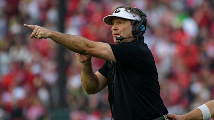 Jan 1, 2018; Pasadena, CA, USA; Georgia Bulldogs head coach Kirby Smart reacts during a game against the Oklahoma Sooners in the 2018 Rose Bowl college football playoff semifinal game at Rose Bowl Stadium. Mandatory Credit: Kirby Lee-Imagn Images