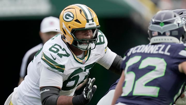 Green Bay Packers guard Donovan Jennings (67) is shown during the first quarter of their preseason game against the Seattle Seahawks Saturday, August 23, 2025 at Lambeau Field in Green Bay, Wisconsin.