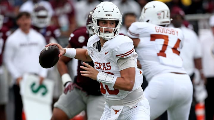 Texas Longhorns quarterback Arch Manning passes the ball during the first quarter against the Mississippi State Bulldogs at Davis Wade Stadium at Scott Field. Texas Longhorns quarterback Arch Manning passes the ball during the first quarter against the Mississippi State Bulldogs at Davis Wade Stadium at Scott Field.