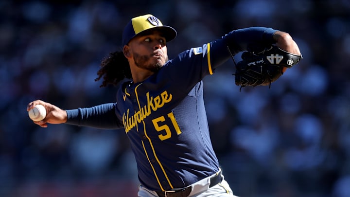 Mar 27, 2025; Bronx, New York, USA; Milwaukee Brewers starting pitcher Freddy Peralta (51) pitches against the New York Yankees during the first inning at Yankee Stadium. Mandatory Credit: Brad Penner-Imagn Images