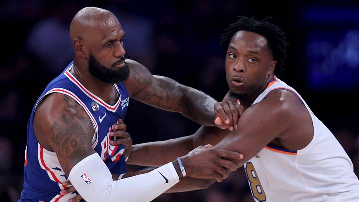 Oct 20, 2026; New York, New York, USA; Philadelphia 76ers forward LeBron James (23) fights for position against New York Knicks forward OG Anunoby (8) during the first quarter at Madison Square Garden. Mandatory Credit: Brad Penner-Imagn Images Oct 20, 2026; New York, New York, USA; Philadelphia 76ers forward LeBron James (23) fights for position against New York Knicks forward OG Anunoby (8) during the first quarter at Madison Square Garden. Mandatory Credit: Brad Penner-Imagn Images