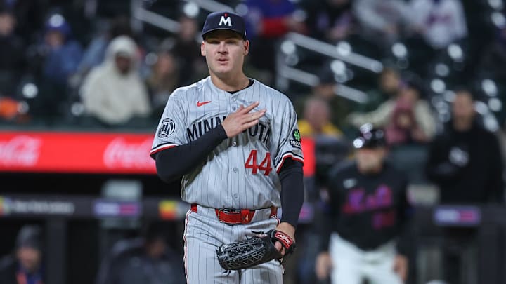 Apr 21, 2026; New York City, New York, USA;  Minnesota Twins relief pitcher Cole Sands (44) reacts after defeating the New York Mets 5-3 at Citi Field. Mandatory Credit: Wendell Cruz-Imagn Images