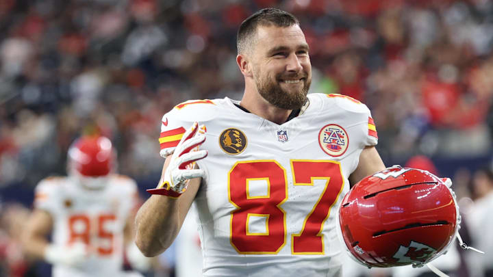 Nov 27, 2025; Arlington, Texas, USA; Kansas City Chiefs tight end Travis Kelce (87) warms up prior to the game against the Dallas Cowboys at AT&T Stadium. Mandatory Credit: Kevin Jairaj-Imagn Images