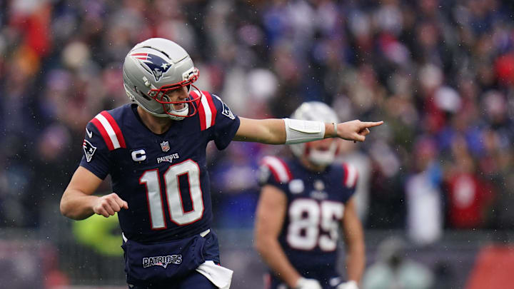 New England Patriots quarterback Drake Maye reacts after a touchdown against the Buffalo Bills