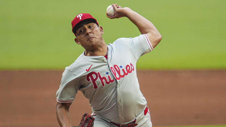 Jul 6, 2024; Cumberland, Georgia, USA; Philadelphia Phillies pitcher Ranger Suarez (55) pitches against the Atlanta Braves during the first inning at Truist Park. Mandatory Credit: Dale Zanine-USA TODAY Sports