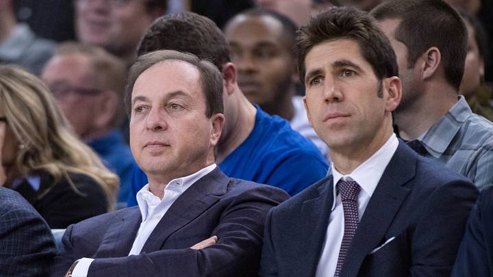 Oakland, CA, USA; Golden State Warriors co-owner Joe Jacob (left) and general manager Bob Myers (right) during the fourth quarter against the Denver Nuggets at Oracle Arena. The Warriors defeated the Nuggets 124-114. Mandatory Credit: Kyle Terada-USA TODAY Sports