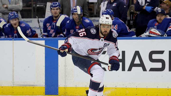 Mar 2, 2026; New York, New York, USA; Columbus Blue Jackets right wing Kirill Marchenko (86) plays the puck against the New York Rangers during the third period at Madison Square Garden. Mandatory Credit: Brad Penner-Imagn Images