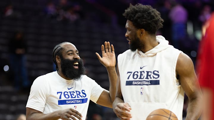 Mar 20, 2023; Philadelphia, Pennsylvania, USA; Philadelphia 76ers center Joel Embiid (R) and guard James Harden (L) before action against the Chicago Bulls at Wells Fargo Center. Mandatory Credit: Bill Streicher-Imagn Images