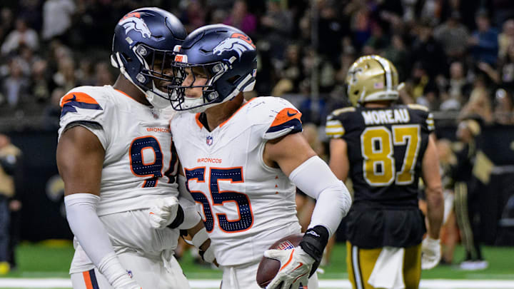 Oct 17, 2024; New Orleans, Louisiana, USA; Denver Broncos linebacker Cody Barton (55) celebrates running back an interception for a touchdown against New Orleans Saints quarterback Spencer Rattler during the fourth quarter at Caesars Superdome. Oct 17, 2024; New Orleans, Louisiana, USA; Denver Broncos linebacker Cody Barton (55) celebrates running back an interception for a touchdown against New Orleans Saints quarterback Spencer Rattler during the fourth quarter at Caesars Superdome.