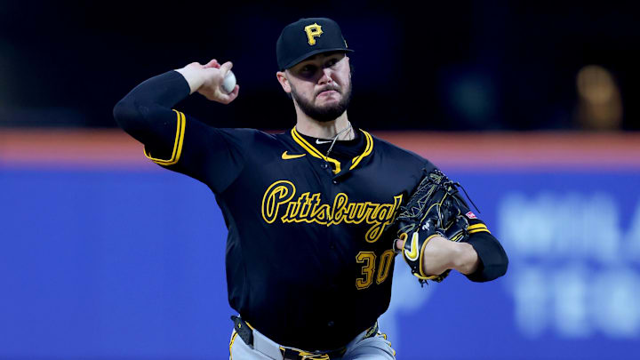 May 12, 2025; New York City, New York, USA; Pittsburgh Pirates starting pitcher Paul Skenes (30) pitches against the New York Mets during the third inning at Citi Field. Mandatory Credit: Brad Penner-Imagn Images