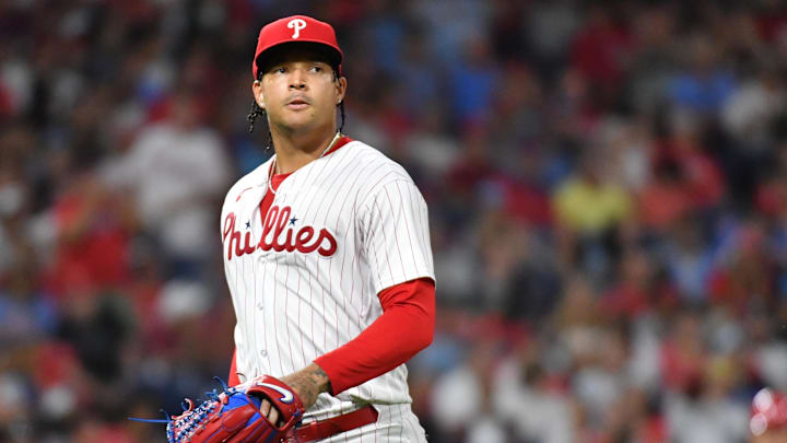Aug 28, 2023; Philadelphia, Pennsylvania, USA; Philadelphia Phillies starting pitcher Taijuan Walker Aug 28, 2023; Philadelphia, Pennsylvania, USA; Philadelphia Phillies starting pitcher Taijuan Walker