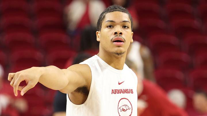 Nov 18, 2025; Fayetteville, Arkansas, USA; Arkansas Razorbacks guard Darius Acuff Jr during warm ups prior to the game against the Winthrop Eagles at Bud Walton Arena. Nov 18, 2025; Fayetteville, Arkansas, USA; Arkansas Razorbacks guard Darius Acuff Jr during warm ups prior to the game against the Winthrop Eagles at Bud Walton Arena.