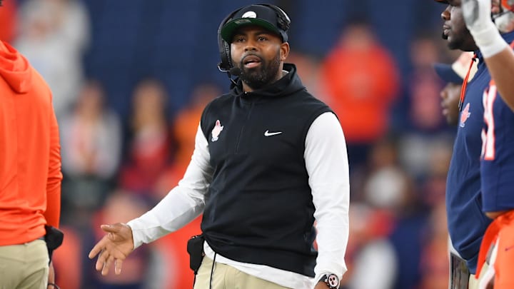 Nov 29, 2025; Syracuse, New York, USA; Syracuse Orange head coach Fran Brown reacts against the Boston College Eagles during the first half at the JMA Wireless Dome. Mandatory Credit: Rich Barnes-Imagn Images