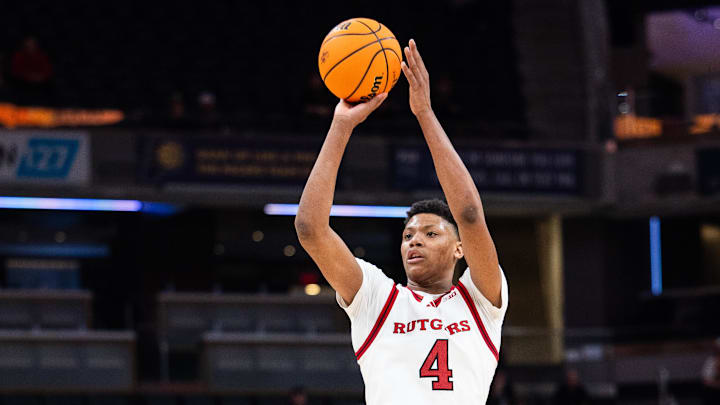 Mar 12, 2025; Indianapolis, IN, USA;  Rutgers Scarlet Knights guard Ace Bailey (4) shoots the ball in the second half against the USC Trojans at Gainbridge Fieldhouse. Mandatory Credit: Trevor Ruszkowski-Imagn Images