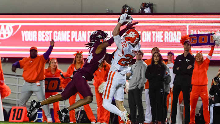 Clemson Tigers wide receiver Cole Turner (22) catches a touchdown pass while being defended by Virginia Tech Hokies cornerback Dorian Strong (44).