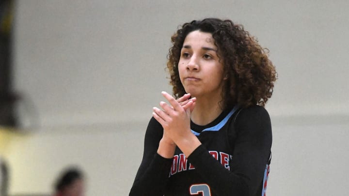 Monterey's Aaliyah Chavez claps her hands after missing a 3-pointer against Amarillo High in the Region I-5A quarterfinal basketball playoff game, Monday, Feb. 19, 2024, at the Hutcherson Center in Plainview. Monterey's Aaliyah Chavez claps her hands after missing a 3-pointer against Amarillo High in the Region I-5A quarterfinal basketball playoff game, Monday, Feb. 19, 2024, at the Hutcherson Center in Plainview.