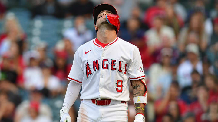 Jun 23, 2025; Anaheim, California, USA; Los Angeles Angels shortstop Zach Neto (9) reacts after being hit by pitch against the Boston Red Sox during the first inning at Angel Stadium. Mandatory Credit: Gary A. Vasquez-Imagn Images Jun 23, 2025; Anaheim, California, USA; Los Angeles Angels shortstop Zach Neto (9) reacts after being hit by pitch against the Boston Red Sox during the first inning at Angel Stadium. Mandatory Credit: Gary A. Vasquez-Imagn Images